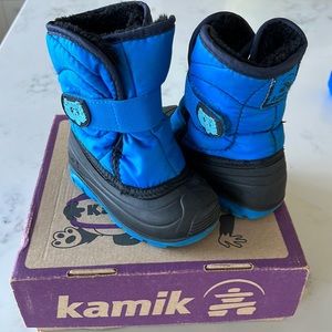 Cozy and warm Kamik boots. EASY Velcro closure for toddler to get on and off!